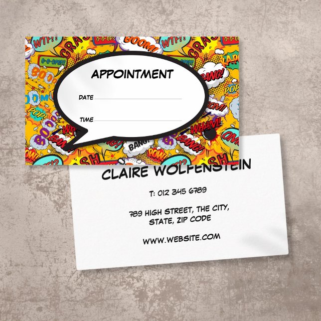 Tarjeta de cita de burbuja de discurso de libro có (Fun Comic Book Speech Bubble Appointment Card)