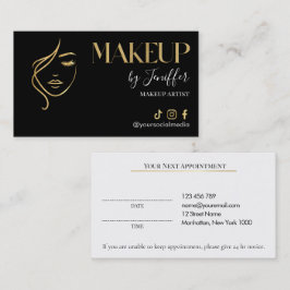 Tarjeta de cita de maquillaje de lujo negro y dora