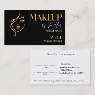 Tarjeta de cita de maquillaje de lujo negro y dora