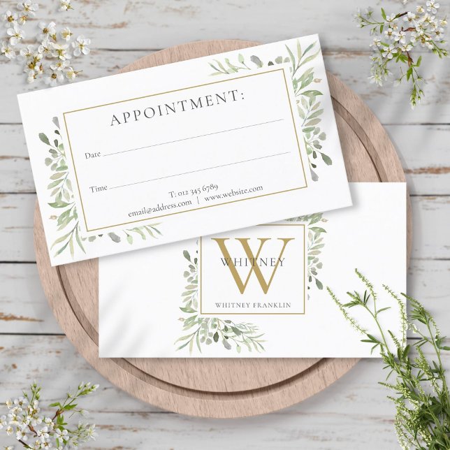 Tarjeta de cita de Monograma Dorado Greenery (Gold Monogram Greenery Appointment Card)