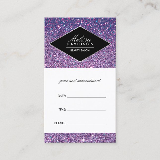 Tarjeta de cita de Purpurina morado y glamour (Anverso)