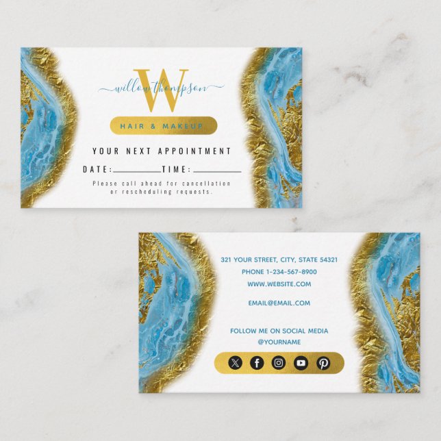 Tarjeta de cita de Relieve metalizado dorado de má (Anverso / Reverso)
