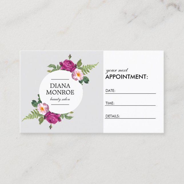 Tarjeta de cita de salón de té gris floral moderna (Anverso)