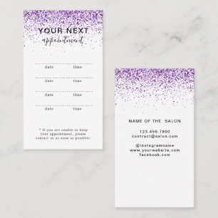 Tarjeta de cita de salón morado para purpurinas de
