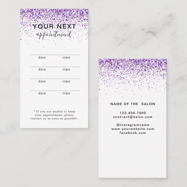 Tarjeta de cita de salón morado para purpurinas de (Anverso / Reverso)