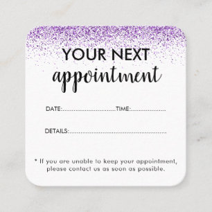 Tarjeta de cita de salón morado para purpurinas de