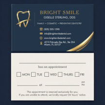 Tarjeta de cita dental con logotipo de oro azul ma