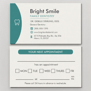 Tarjeta de cita dental profesional verde azulado