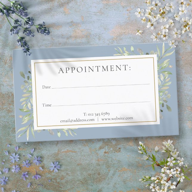 Tarjeta de cita Dusty Blue Gold Greenery (Dusty Blue Gold Greenery Appointment Card)