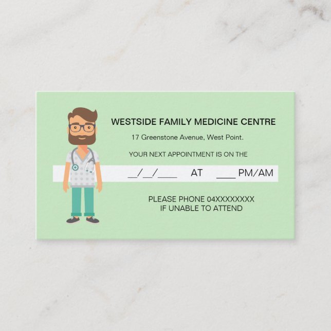 Tarjeta de cita familiar amigable Médica verde (Anverso)