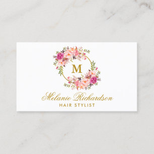 Tarjeta de cita Gold Pink Floral Hair Stylist M