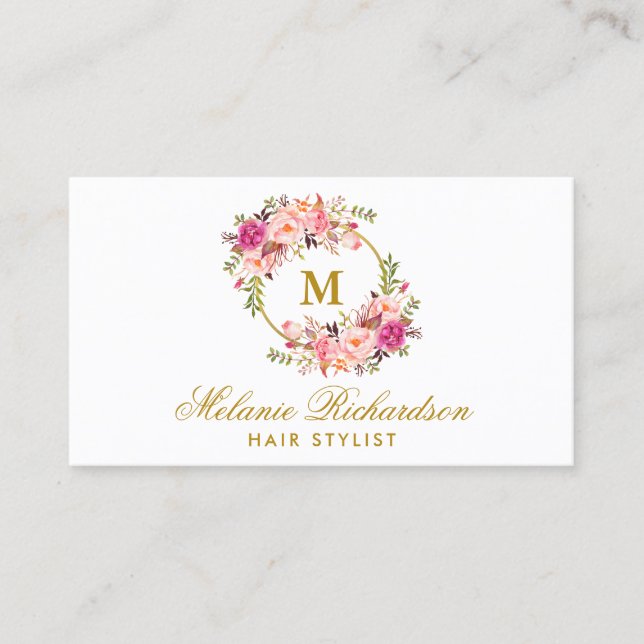 Tarjeta de cita Gold Pink Floral Hair Stylist M (Anverso)