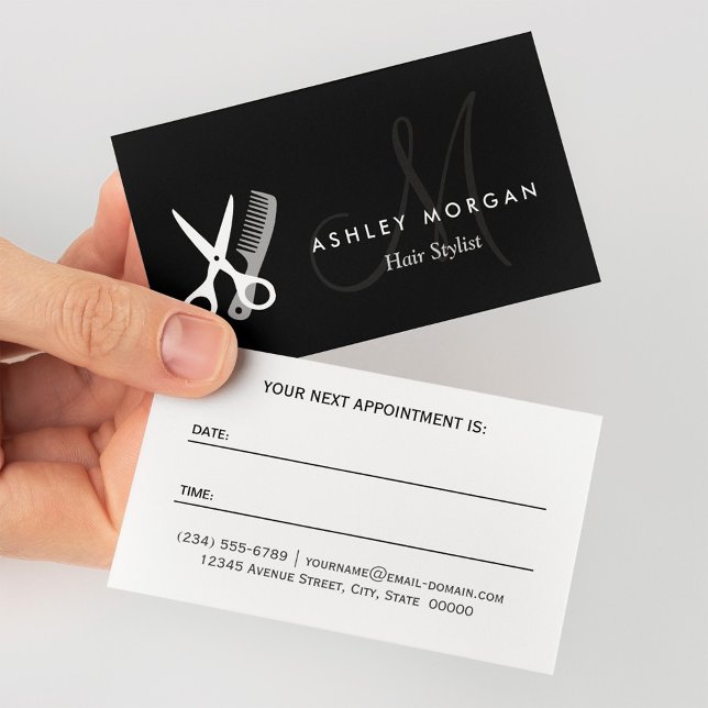 Tarjeta de cita Hairstylist Black White Monogram (Subido por el creador)