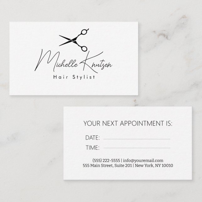 Tarjeta de cita Hairstylist blanco moderno (Anverso / Reverso)