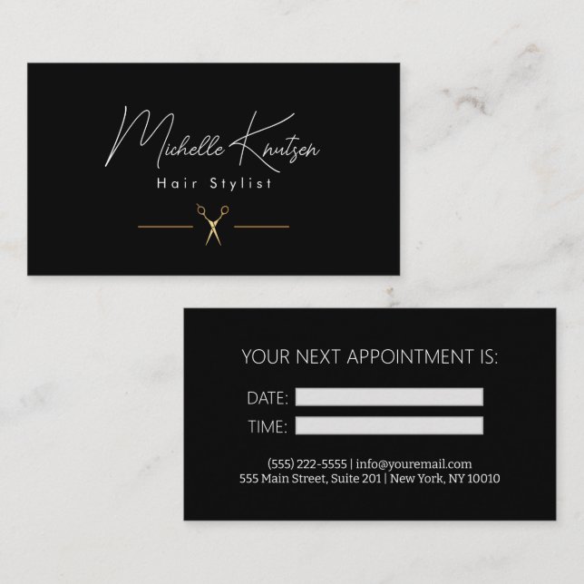 Tarjeta de cita Hairstylist blanco moderno (Anverso / Reverso)