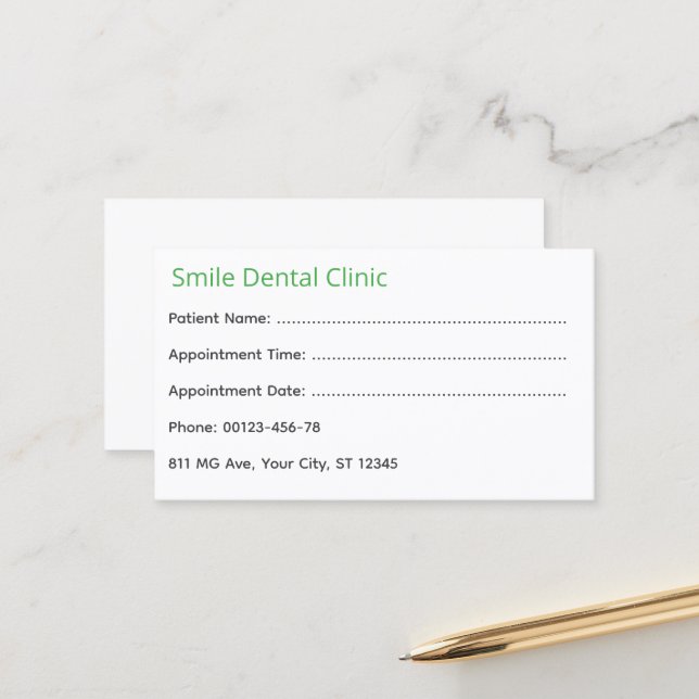 Tarjeta de cita médica dental verde (Anverso/Reverso In Situ)