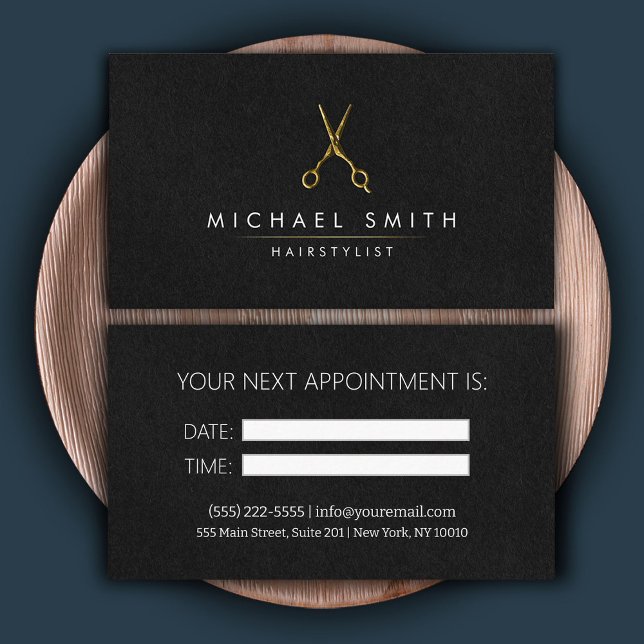 Tarjeta de cita moderna de Hairstylist Gold negro (Subido por el creador)