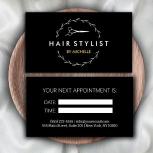 Tarjeta de cita moderna de Hairstylist Gold negro