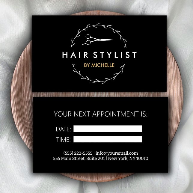 Tarjeta de cita moderna de Hairstylist Gold negro (Subido por el creador)