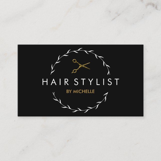 Tarjeta de cita moderna de Hairstylist Gold negro (Anverso)