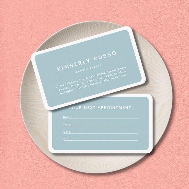 Tarjeta de cita moderna, moderna y de moda (Modern, trendy, salon, blue-gray appointment card.)