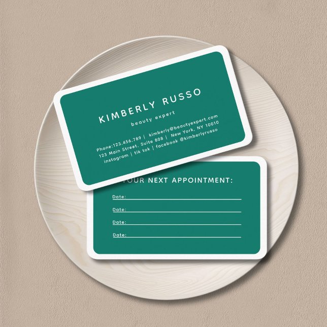 Tarjeta de cita moderna, moderna y de moda (Modern, trendy, salon, forest-green appointment card.)