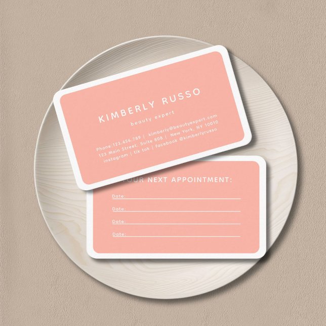 Tarjeta de cita moderna, moderna y de moda (Modern, trendy, salon, peach-coral-white appointment card.)
