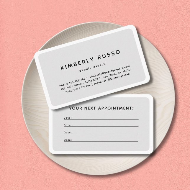 Tarjeta de cita moderna, moderna y de moda (Modern, trendy, salon, gray appointment card.)