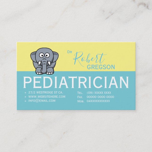 Tarjeta de cita para elefante lindo pediatra (Anverso)