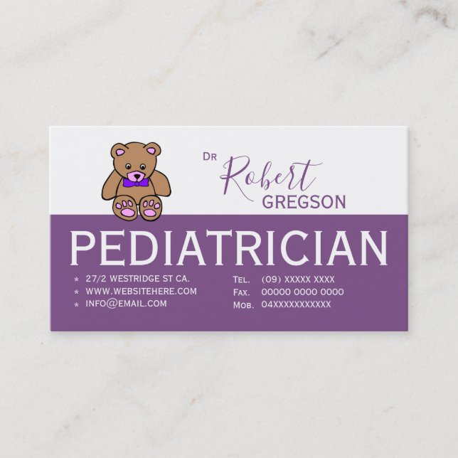 Tarjeta de cita para pediatra morado Teddy Bear (Anverso)