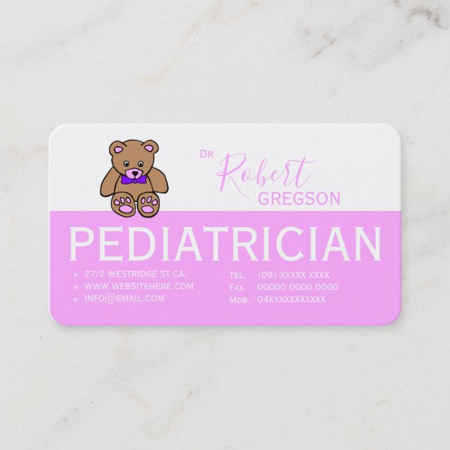 Tarjeta de cita para pediatra rosado Teddy Bear (Anverso)