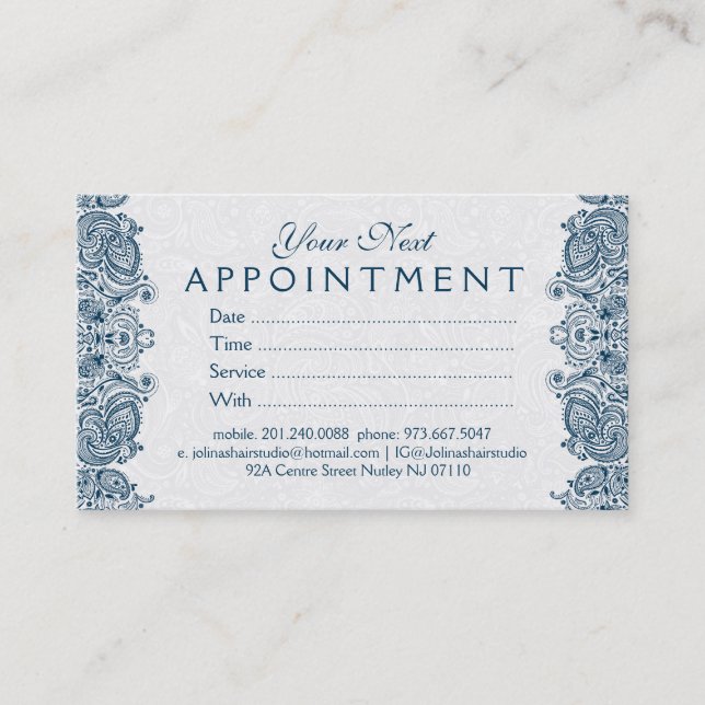 Tarjeta de cita Plush White & Blue Paisley Lace (Anverso)