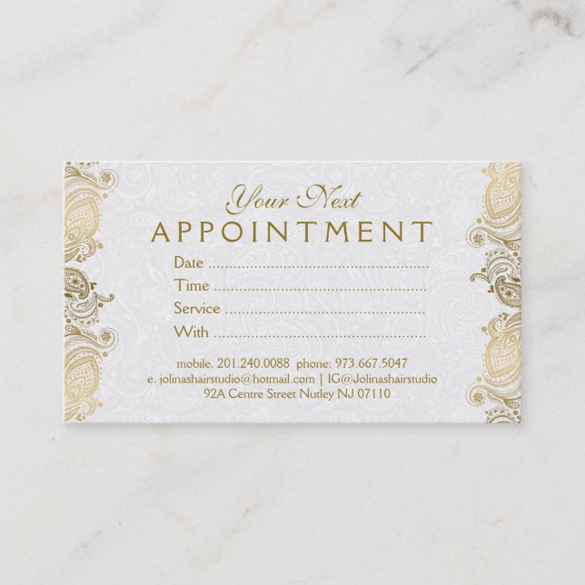Tarjeta de cita Plush White & Gold Paisley Lace (Anverso)
