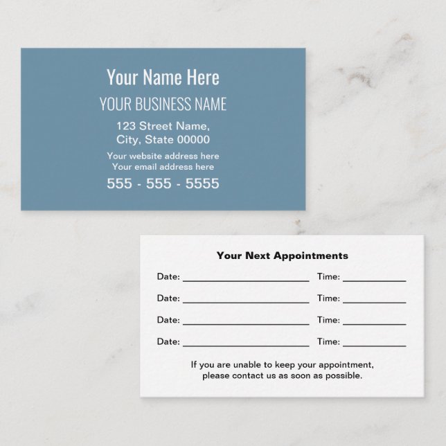 Tarjeta de cita profesional moderna azul polvorien (Anverso / Reverso)