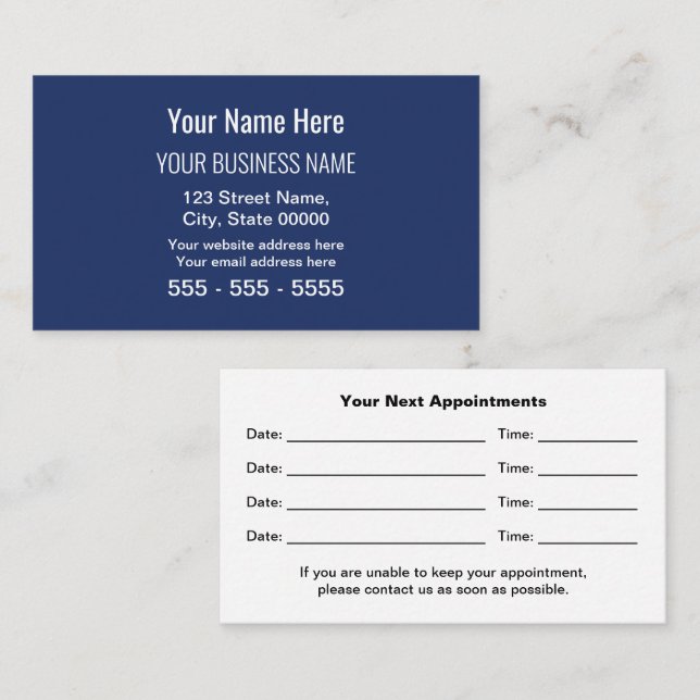 Tarjeta de cita profesional moderna Navy Blue (Anverso / Reverso)