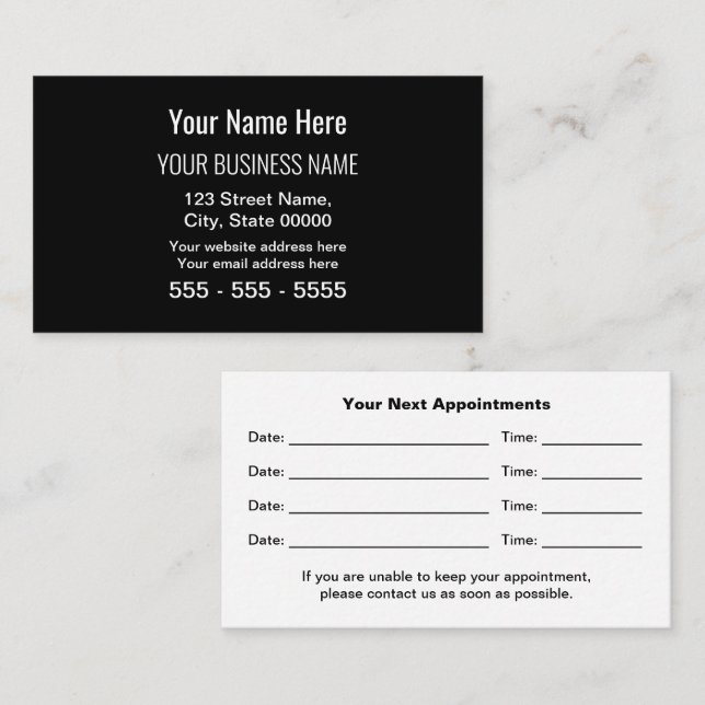 Tarjeta de cita profesional moderna y negra (Anverso / Reverso)