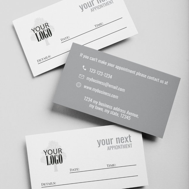 Tarjeta de cita simple para negocios con logotipo (Grey and white business cards with company logo placement.)