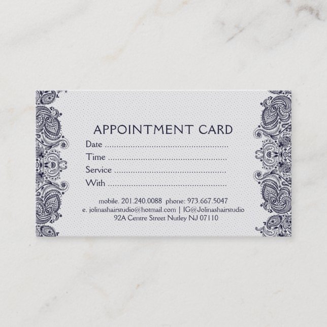 Tarjeta de cita White & Dark Blue Paisley Lace (Anverso)