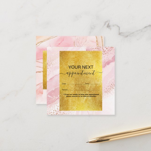 Tarjeta De Citas Acuarela rosa moderna y Relieve metalizado dorado (Anverso/Reverso In Situ)