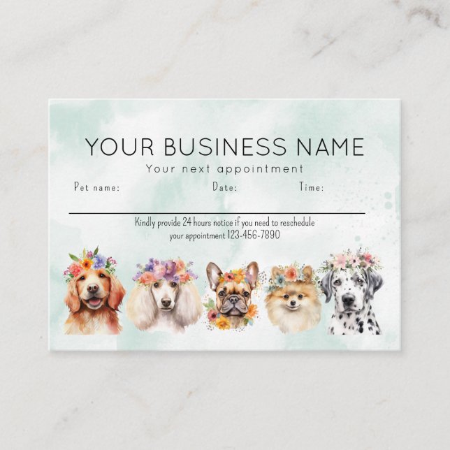 Tarjeta De Citas Adorable Watercolor Dogs Flowers, Green (Anverso)