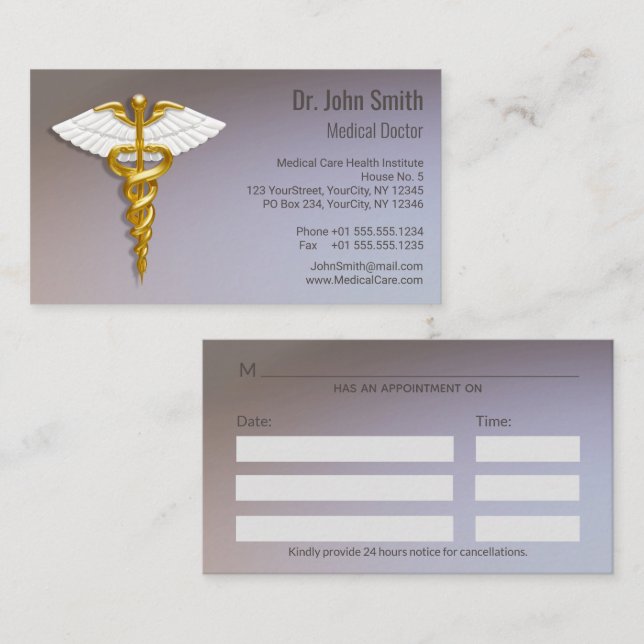 Tarjeta De Citas Alas blancas del Caduceus del Oro Elegante Médico (Anverso / Reverso)