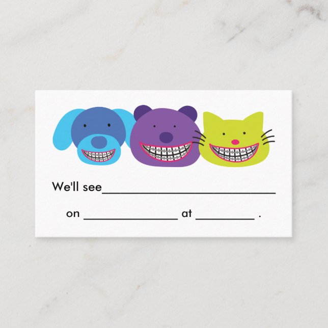 Tarjeta De Citas Animales lindos en Orthodontist de los apoyos (Anverso)