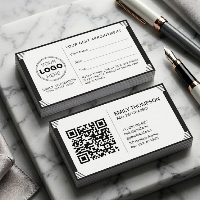 Tarjeta De Citas Art Deco Black White QR Code Logo Professional (Minimalist Art Deco Real Estate Business Card | QR Code & Appointment Design)