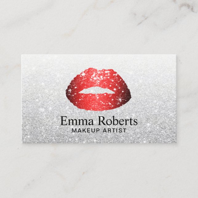 Tarjeta De Citas Artista de maquillaje Red Lips Modern Silver Nombr (Anverso)