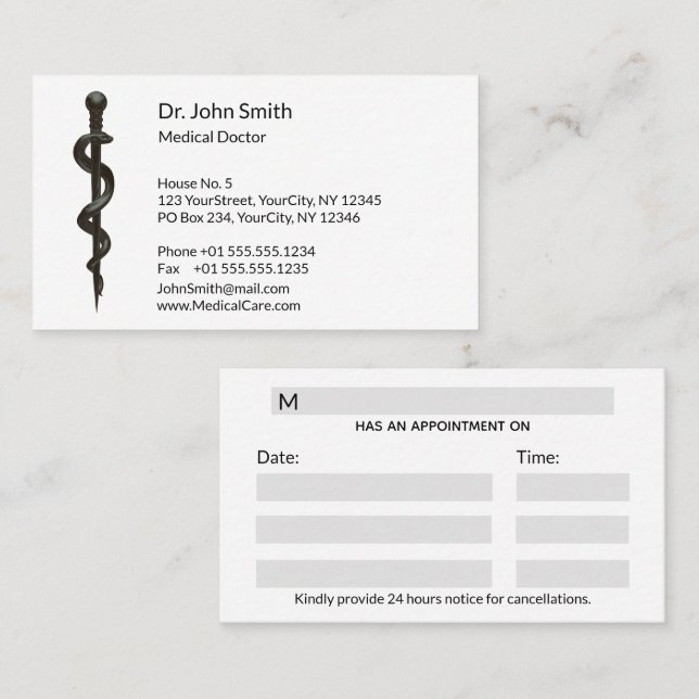 Tarjeta De Citas Asclepiro simple profesional blanco médico negro (Anverso / Reverso)