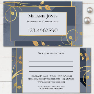 Tarjeta De Citas Azul Gris Chic Hojas de Oro
