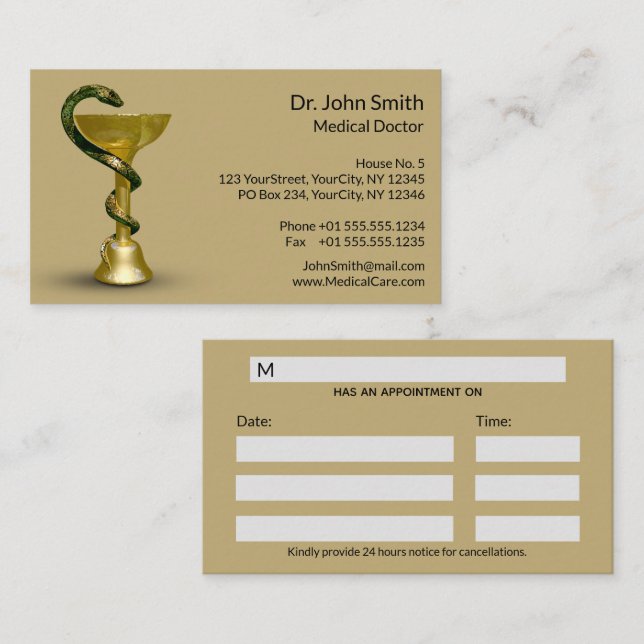 Tarjeta De Citas Beis Medical Bowel Snake Hygieia Gold Caduceus (Anverso / Reverso)