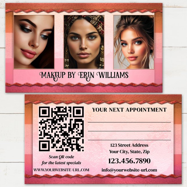 Tarjeta De Citas Belleza fotográfica de portafolio y maquillaje (Chic pink beauty portfolio appointment business card with QR code template)