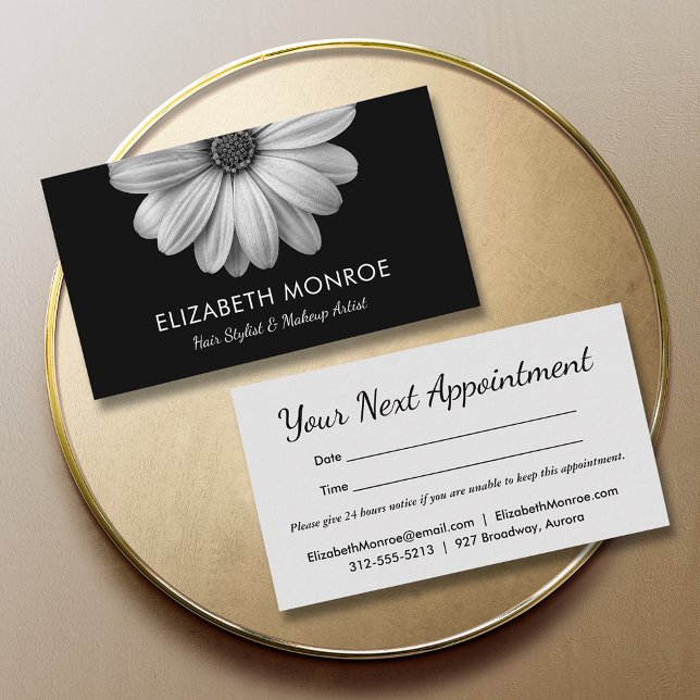 Tarjeta De Citas Black and White Daisy Salon Hair Stylist (Subido por el creador)