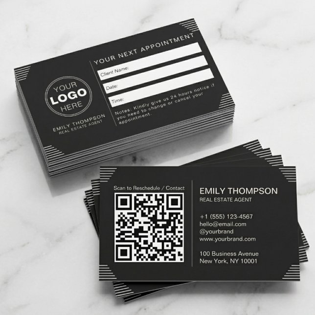 Tarjeta De Citas Black Luxury Art Deco QR Code Minimal Design (Luxury Black QR Code Appointment Card for Real Estate Branding)